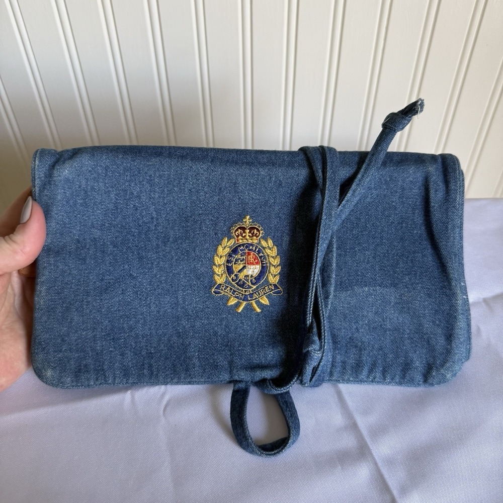 Ralph Lauren Denim Blue Folding Roll Travel Organizer Jewelry Storage Bag Crest